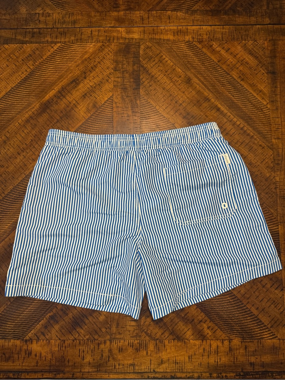 Men's Navy & White Pinstripe Swim Trunks with Drawstring Waist - Picture 2 of 9